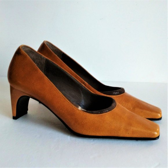 5 - 5.5 CANGO & RINALDI Italy Leather shoes low heel Y2K Ochre Yellow - Picture 3 of 13